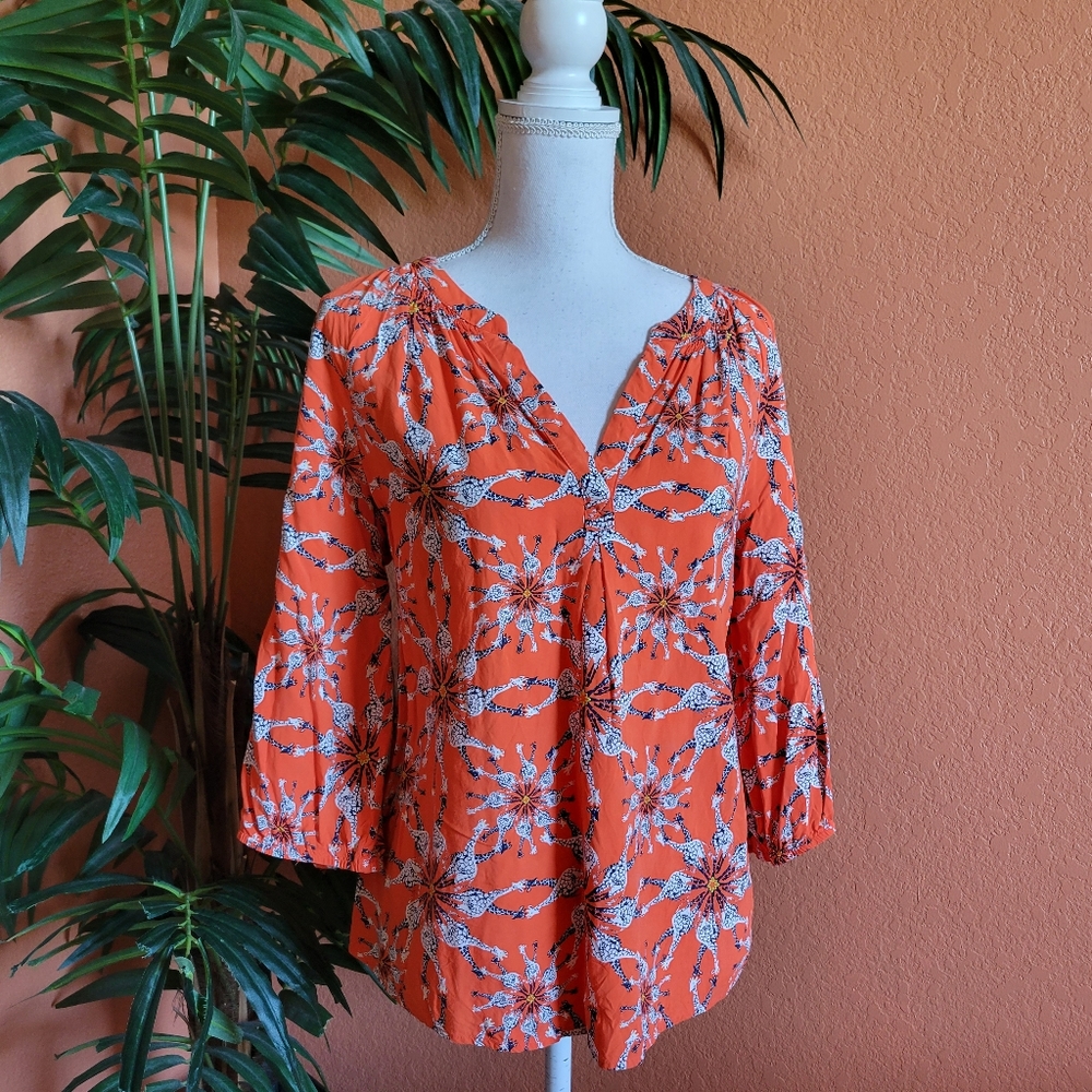 Crown & Ivy Giraffe Kaleidescape Print Flowy Blouse Orange XL Top Novelty Print